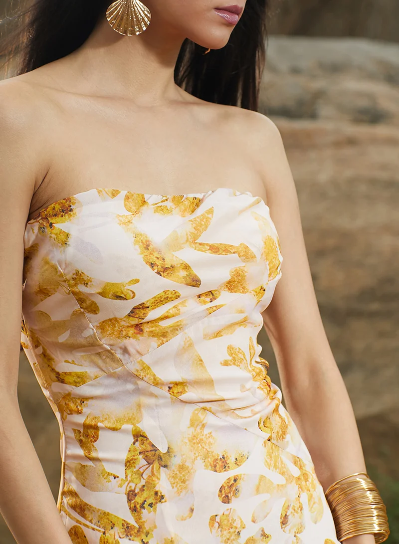 Pinacolada  Women's Mustard Yellow Blurry Bandeau Dress For Casual Wear | Off-Shoulder | Sleeveless | Pull On Closure | Dress Designed With Comfortable Fit For Woman & Girls for Women | Best Price UAE